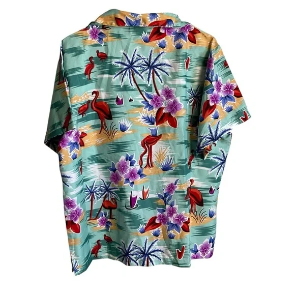 Hawaiian Green and Red Notched Collar Button Down Shirt - Picture 6 of 9